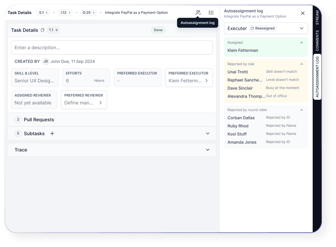 QPM Autoassignment interface with executor assignment logs and task distribution rules.
