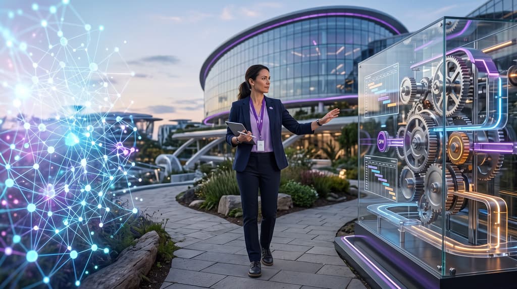 Project manager looking at a holographic data network and a transparent mechanism labeled QPM