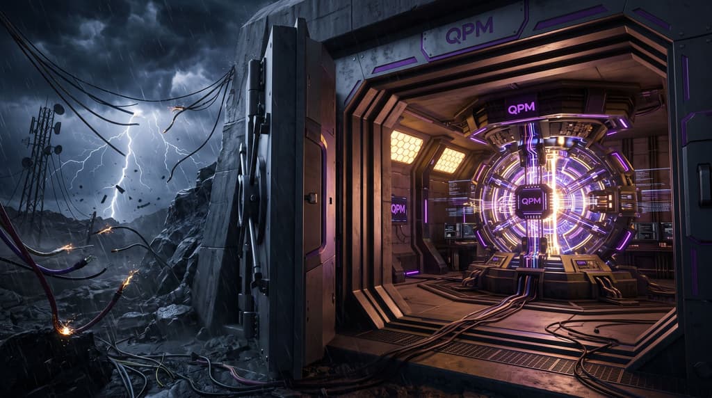 Contrast between a storm with torn cables outside and a protected QPM core inside a facility